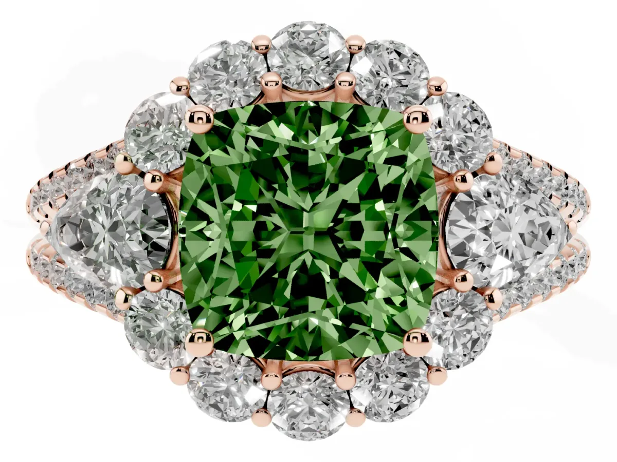 Fancy Green Cushion Cut Halo Split Shank Diamond Engagement Ring with Prong Setting Rose gold