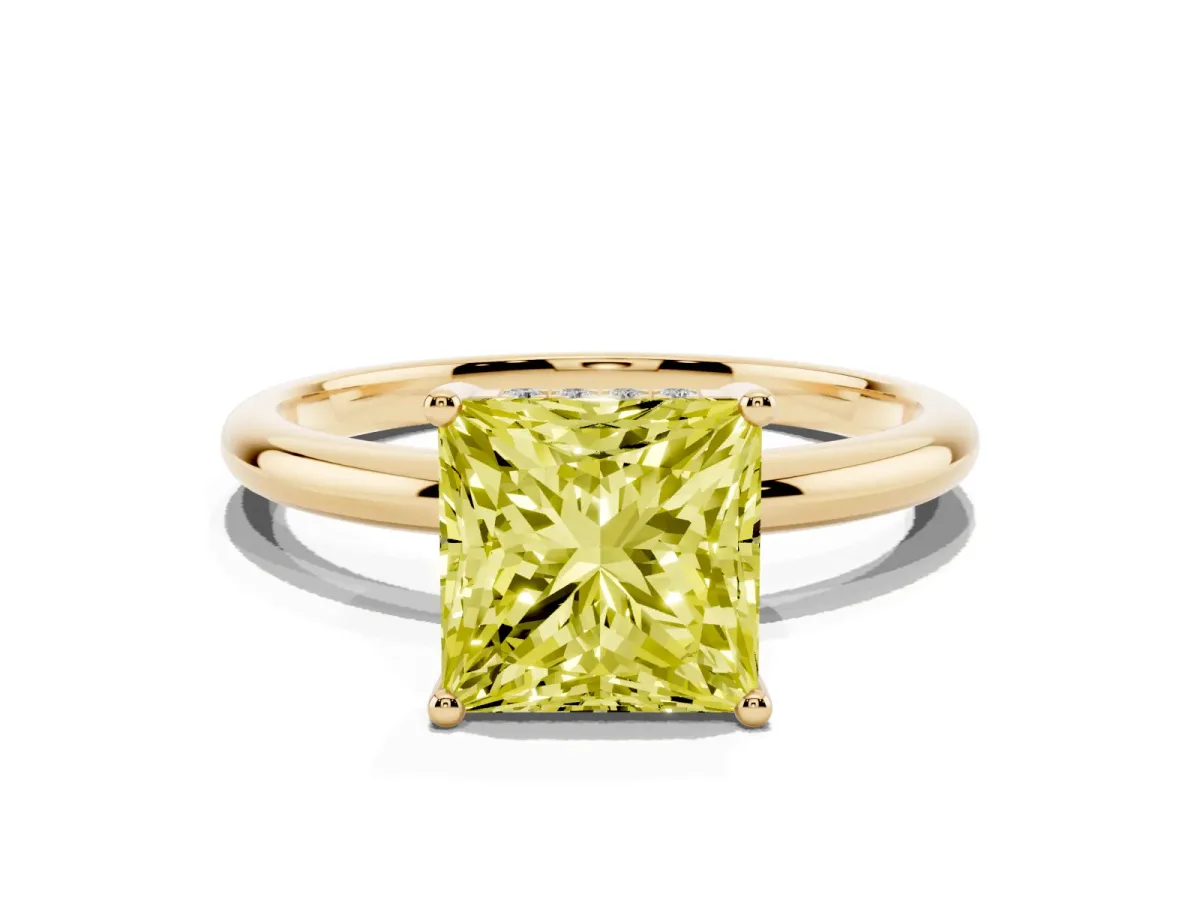 Fancy Yellow Princess Cut Cut Solitaire Engagement Ring with Four-Prong Setting and Classic Band Yellow gold