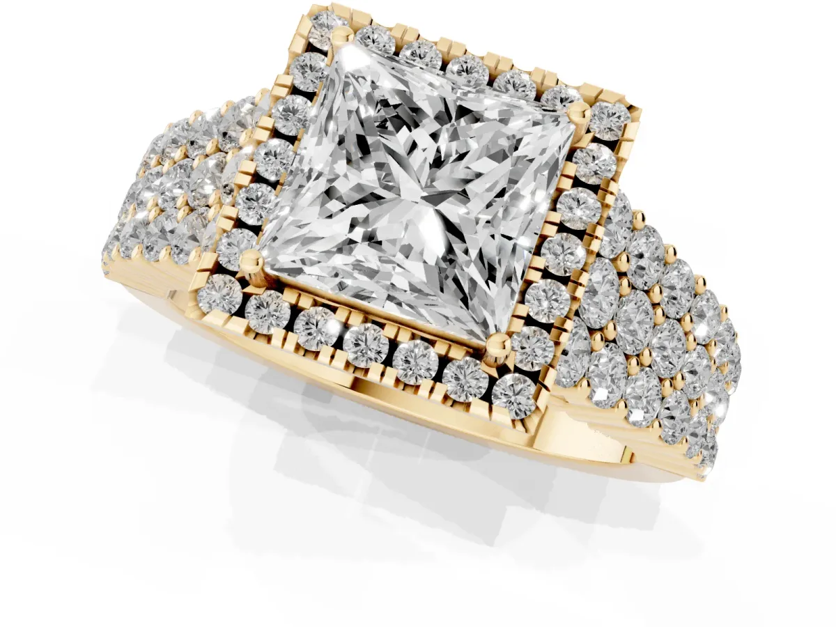 Princess Cut Diamond Halo Engagement Ring with Triple Row Round Pavé Band and Prong Setting Yellow gold