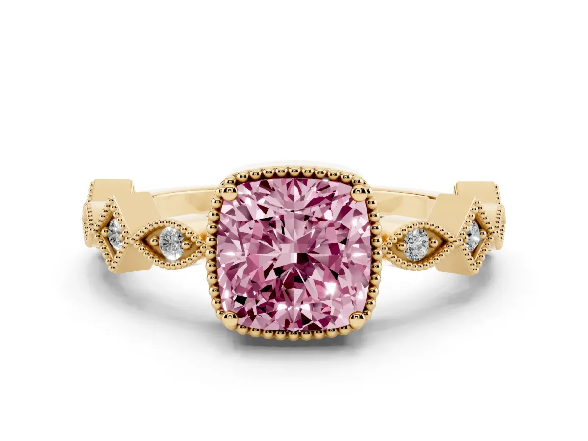 Fancy Pink Cushion Cut Milgrain Marquise Diamond Twist Band Ring Yellow gold