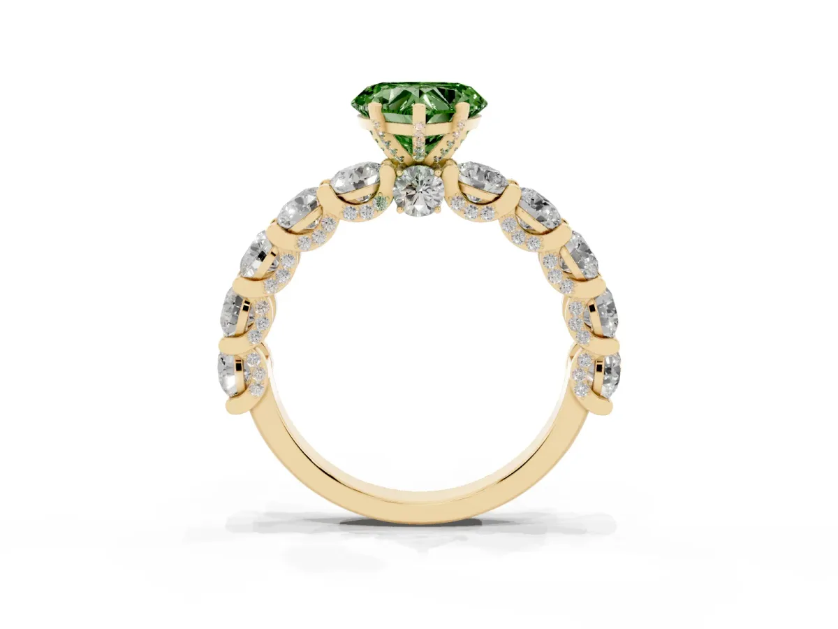 Fancy Green Heart Cut Diamond Side Stone Engagement Ring with Four-Prong Setting Yellow gold