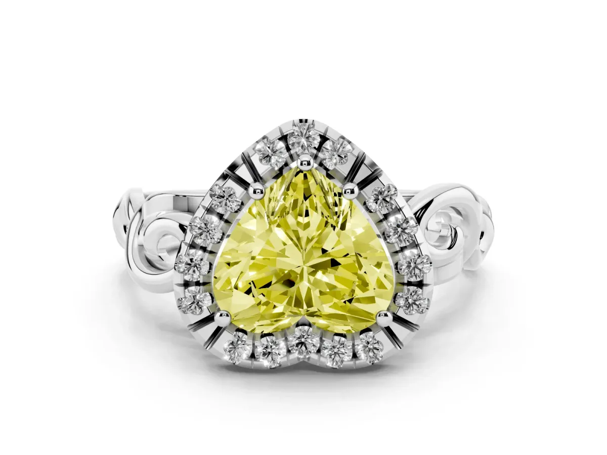 Fancy Yellow Heart Cut Cut Halo Diamond Ring with Scrollwork Band and Four-Prong Setting Silver