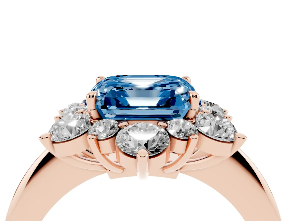 Fancy Blue Asscher Cut Diamond Cluster Halo Ring with Solitaire Band and Four-Prong Setting Rose gold