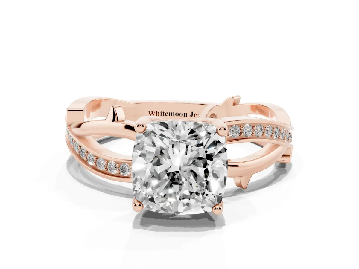 Cushion Cut Solitaire Twist Band with Pavé Accents and Four-Prong Setting Rose gold