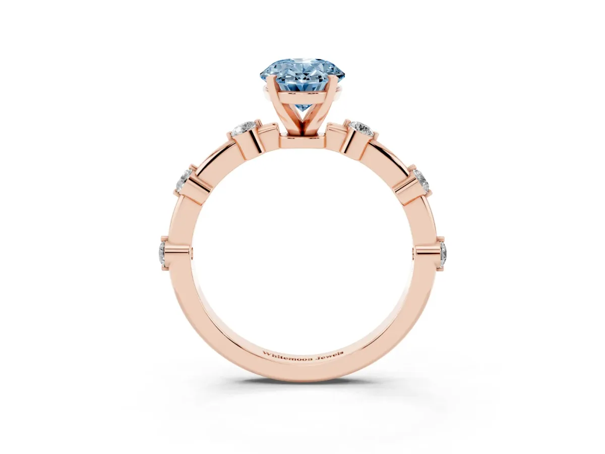 Fancy Blue Oval Cut Solitaire Diamond Ring with Bezel Set Side Stones and Prong Setting Rose gold