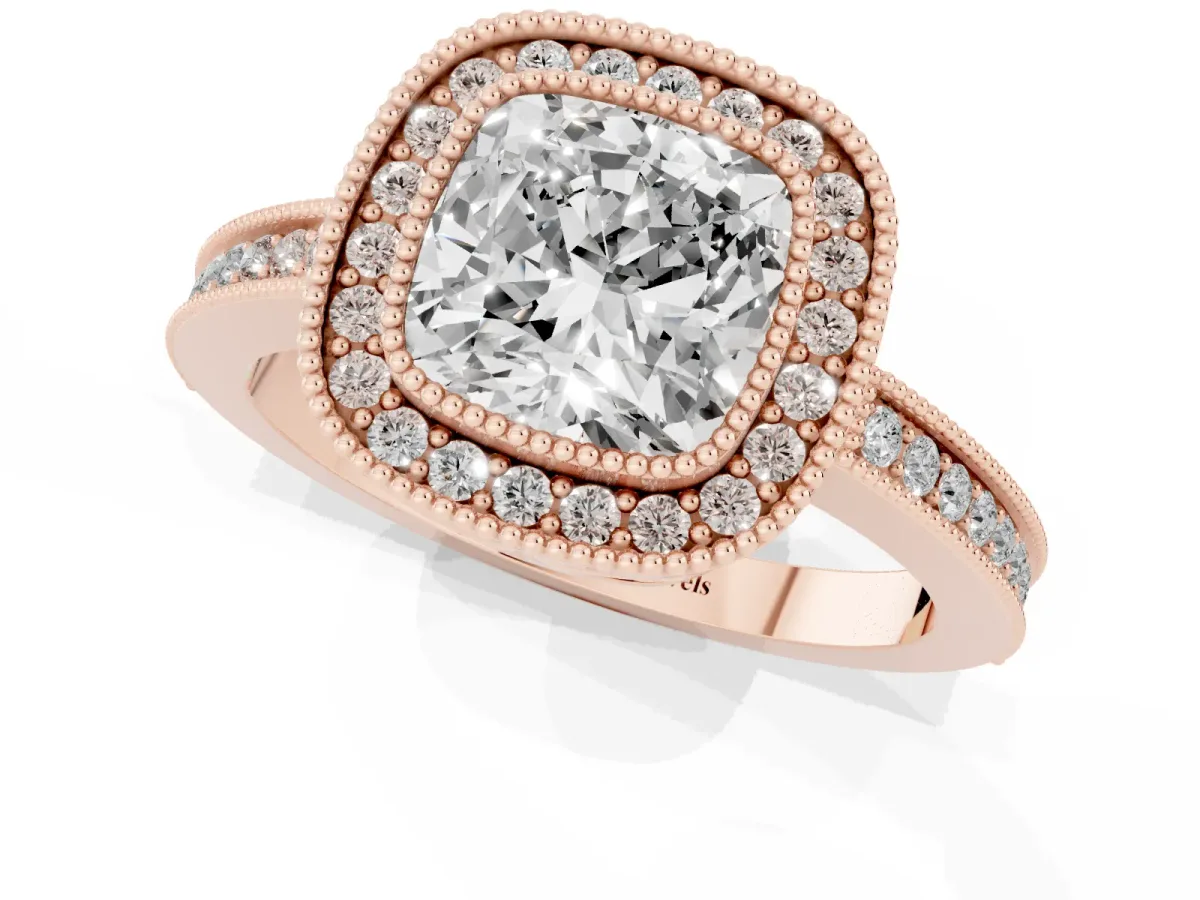 Cushion Cut Cut Halo Diamond Ring with Pavé Band and Milgrain Prong Setting Rose gold
