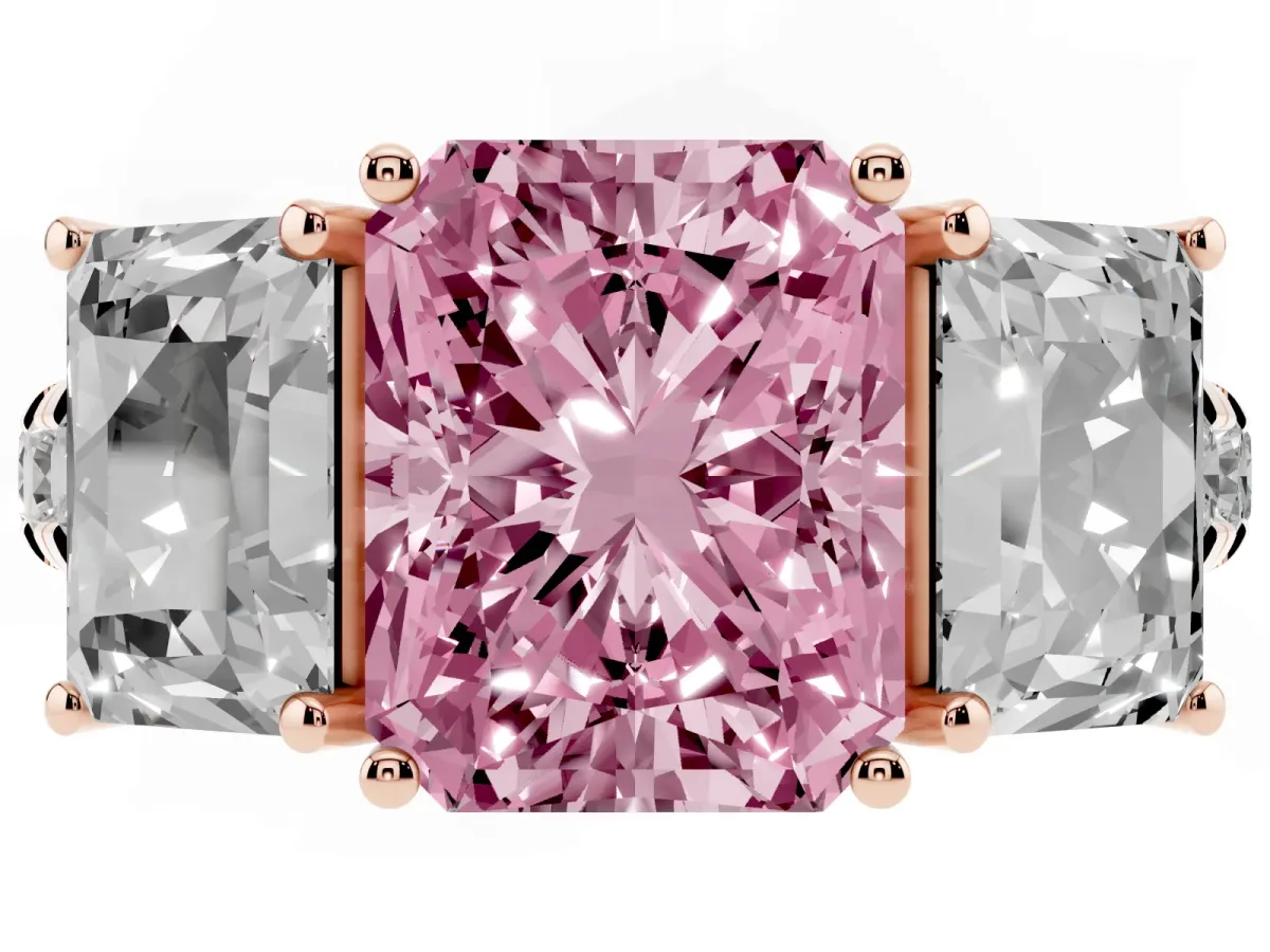 Fancy Pink Three-Stone Radiant Cut Diamond Pavé Band with Prong Setting Rose gold