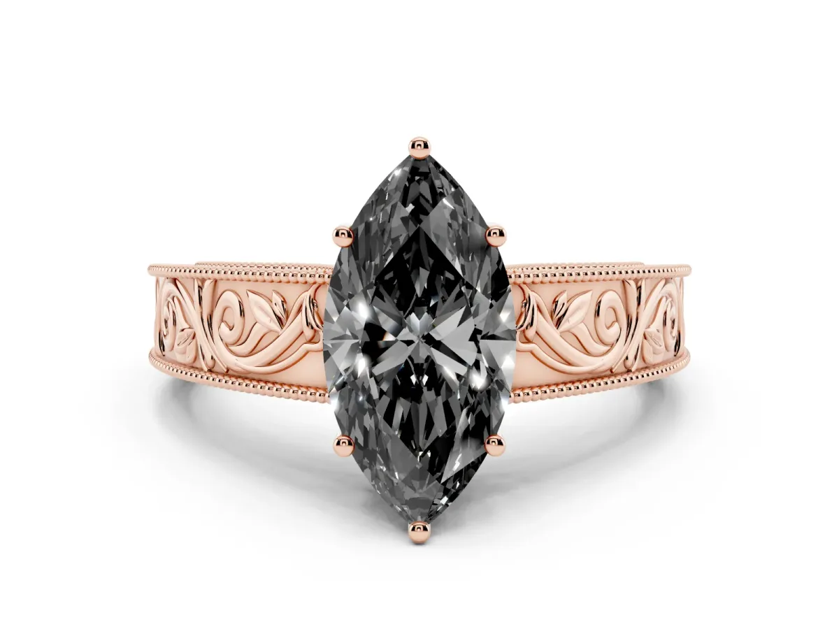 Fancy Black Marquise Cut Diamond Solitaire Ring with Engraved Band and Four-Prong Setting Rose gold
