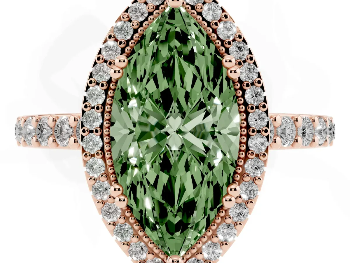 Fancy Green Marquise Cut Cut Diamond Halo Engagement Ring with Milgrain Detail and Pavé Band Rose gold