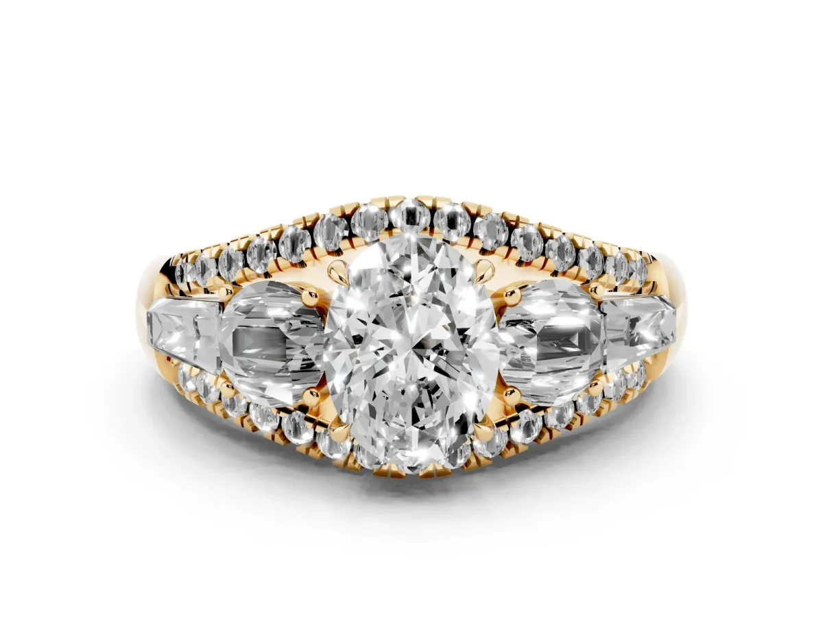 Three-Stone Oval Cut Diamond Engagement Ring with Pave Band and Prong Setting Yellow gold