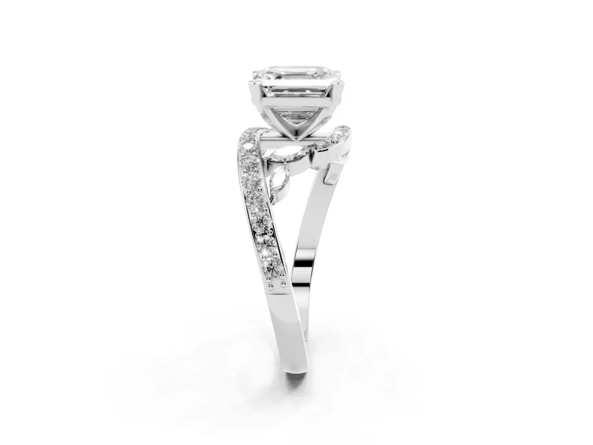 Asscher Cut Solitaire with Pavé Twist Band and Four-Prong Setting Silver