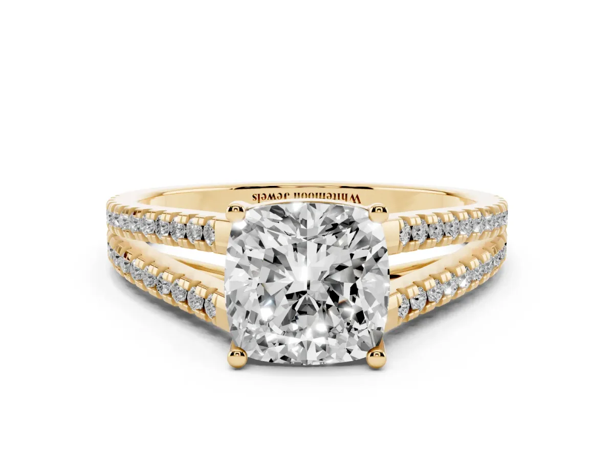 Cushion Cut Diamond Solitaire Engagement Ring with Split Shank Pavé Band Yellow gold