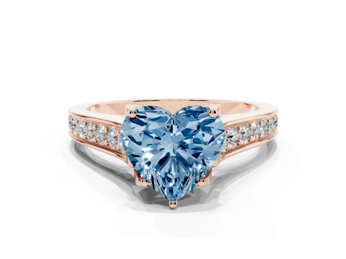 Fancy Blue Heart Cut Brilliant Cut Diamond Engagement Ring with Pavé Band and Four-Prong Setting Rose gold
