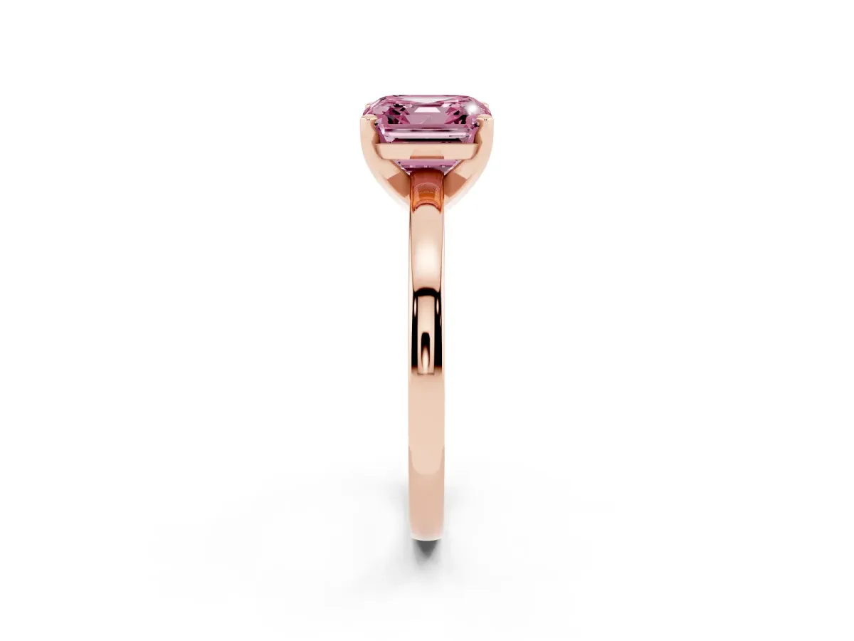 Fancy Pink Asscher Cut Solitaire Diamond Engagement Ring with Four-Prong Setting on a Classic Band Rose gold