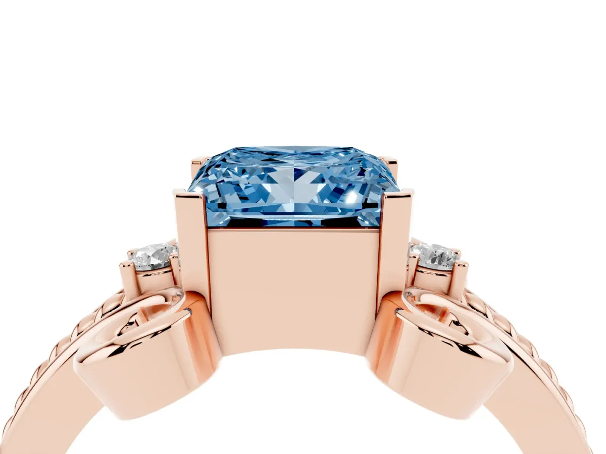Fancy Blue Princess Cut Solitaire Twisted Band Scroll Prong Ring Rose gold