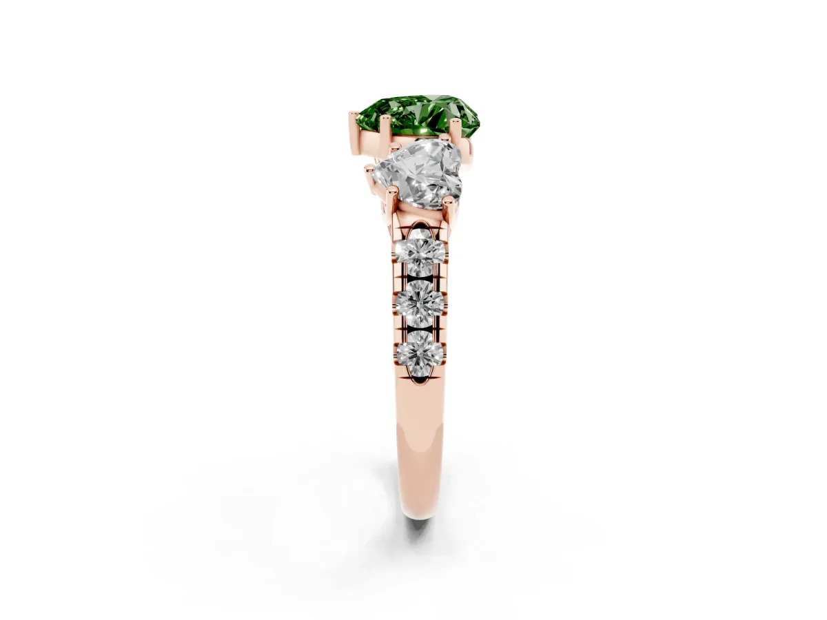 Fancy Green Three-Stone Heart Cut Diamond Pavé Band with Prong Setting Rose gold