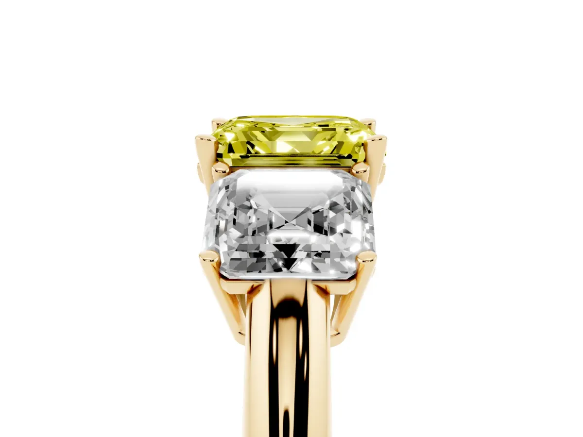 Fancy Yellow Three-Stone Asscher Cut Cut Diamond Engagement Ring with Prong Setting on a White Gold Band Yellow gold