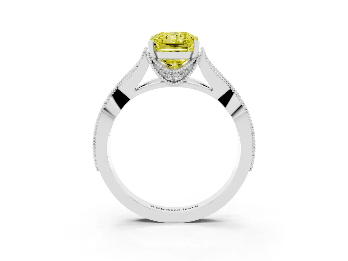 Fancy Yellow Radiant Cut Cut Diamond Twisted Band with Milgrain Pave Setting and Four-Prong Setting White gold