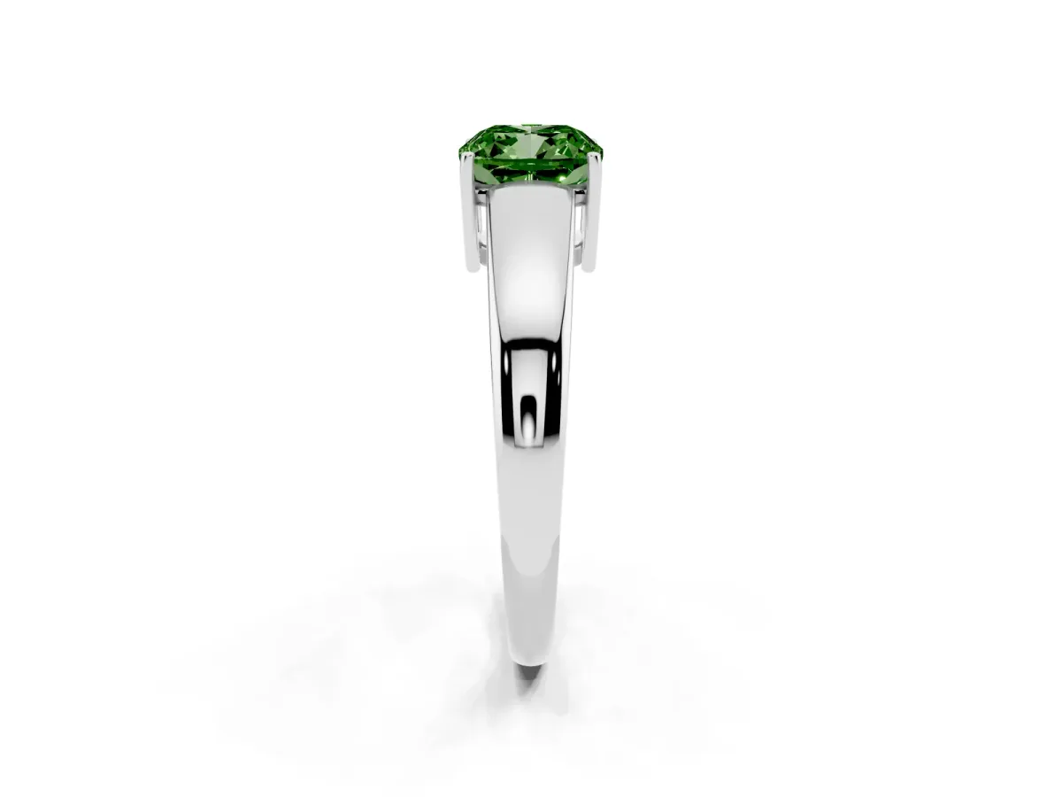 Fancy Green Cushion Cut Solitaire Diamond Ring with Tapered Band and Four-Prong Setting Silver