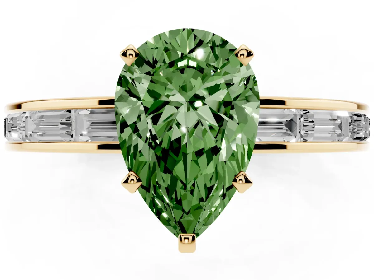Fancy Green Pear Cut Solitaire Diamond Ring with Channel-Set Baguette Band and Four-Prong Setting Yellow gold
