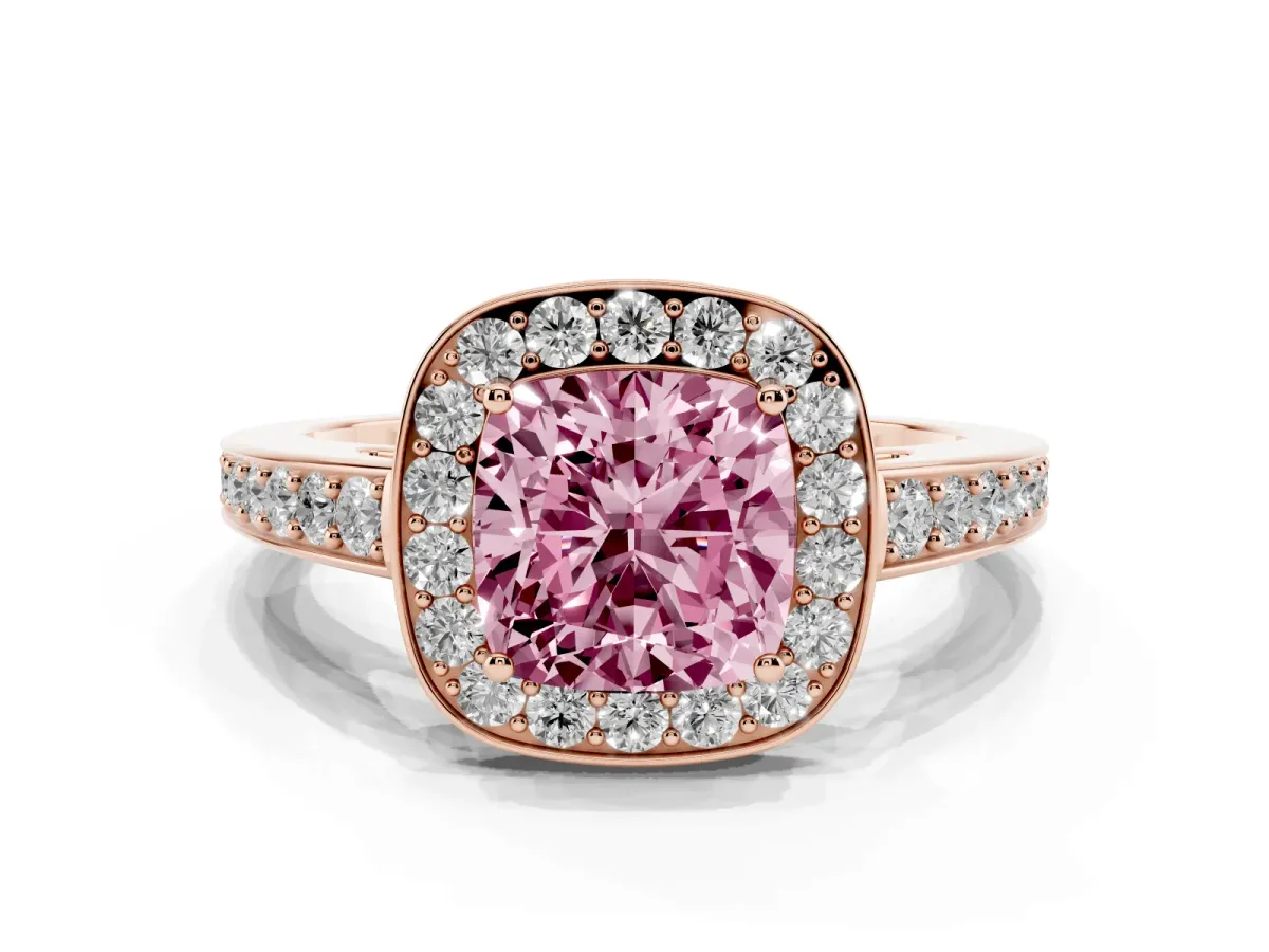 Fancy Pink Cushion Cut Halo Pavé Diamond Engagement Ring with Bezel Setting Rose gold