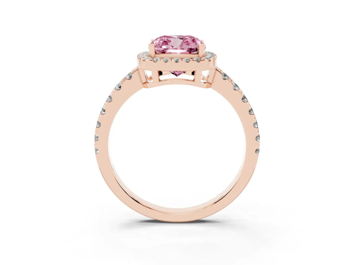 Fancy Pink Cushion Cut Diamond Halo Ring with Pavé Band and Four-Prong Setting Rose gold