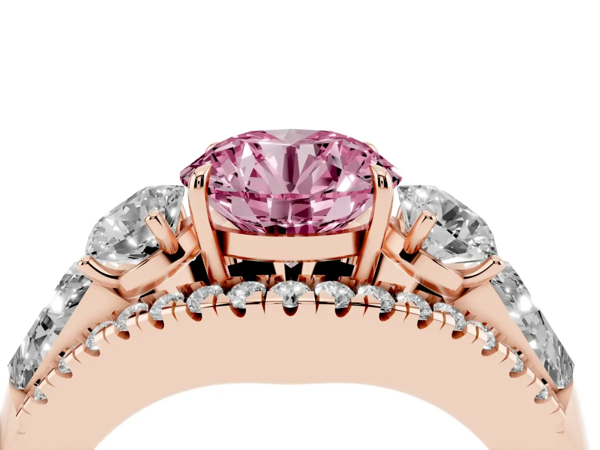 Fancy Pink Three-Stone Round Cut Diamond Engagement Ring with Pave Band and Prong Setting Rose gold