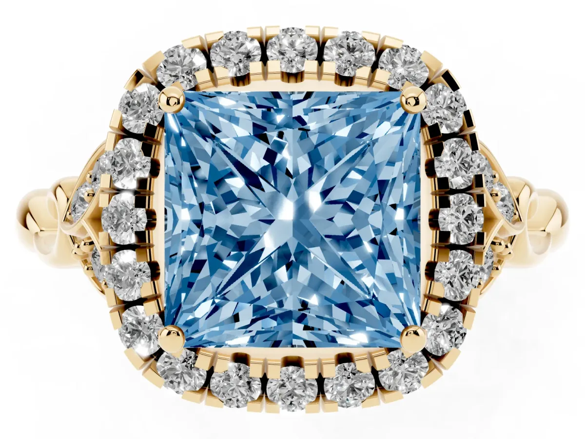 Fancy Blue Princess Cut Halo Diamond Engagement Ring with Vintage-Inspired Band and Four-Prong Setting Yellow gold