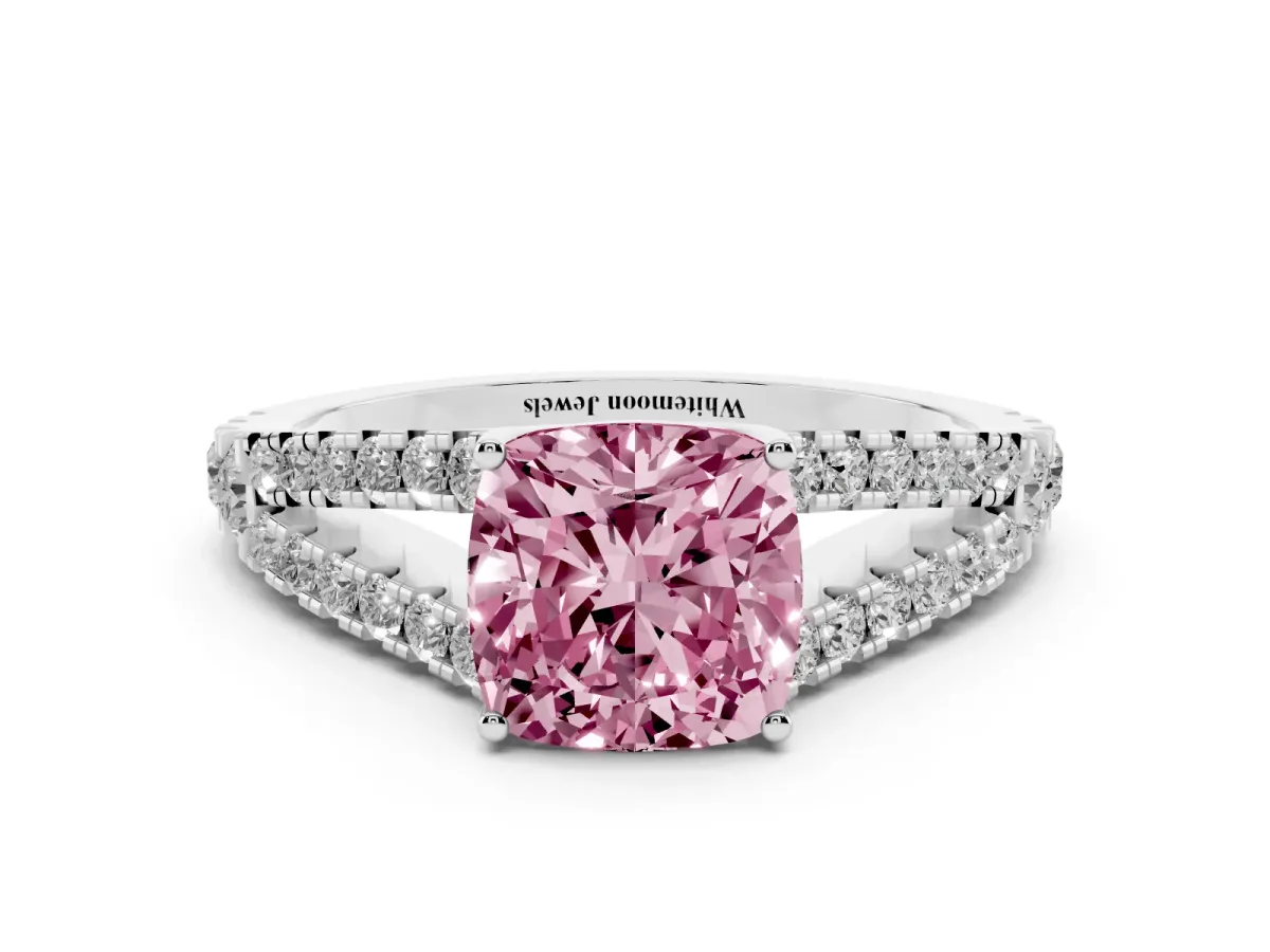 Fancy Pink Cushion Cut Diamond Split Shank Engagement Ring with Round Pavé and Prong Setting Silver