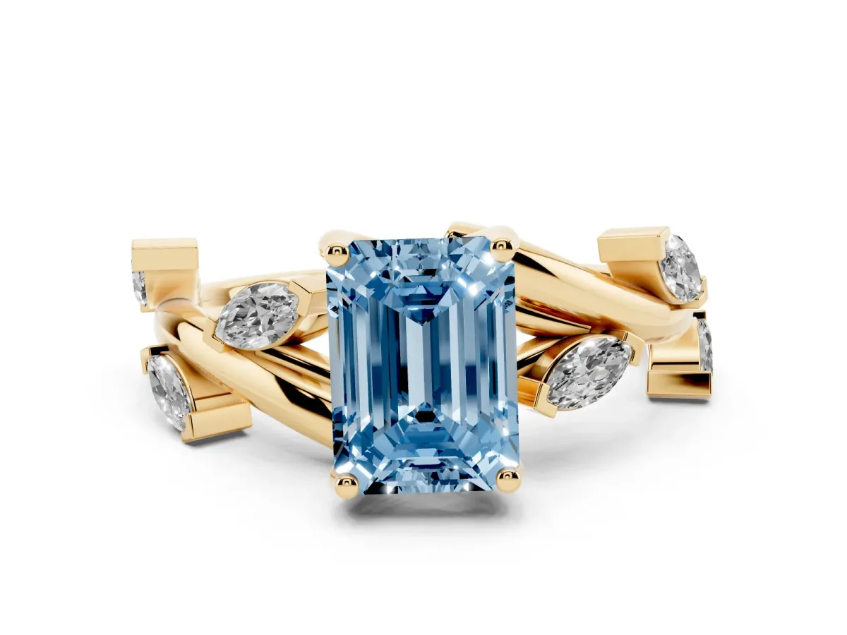 Fancy Blue Emerald Cut Solitaire Twisted Band Marquise Accent Prong Setting Ring Yellow gold