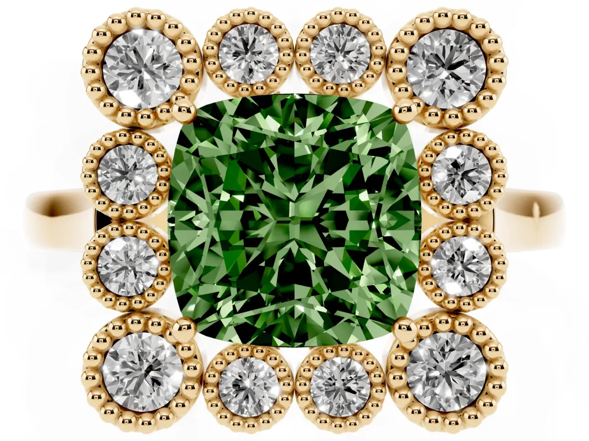 Fancy Green Cushion Cut Halo Diamond Cluster Engagement Ring with Milgrain Bezel Setting and Solitaire Band Yellow gold