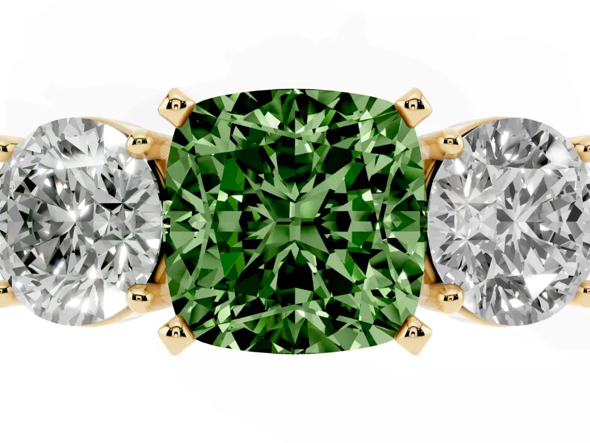 Fancy Green Three-Stone Cushion Cut Diamond Ring with Round Side Stones, Classic Band, and Four-Prong Setting Yellow gold