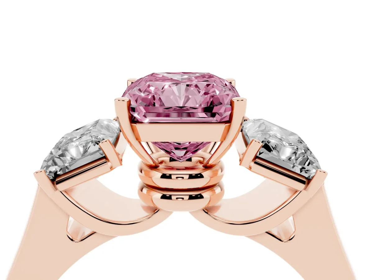 Fancy Pink Three-Stone Radiant Cut Brilliant Diamond Trellis Ring with Comfort Fit Band Rose gold