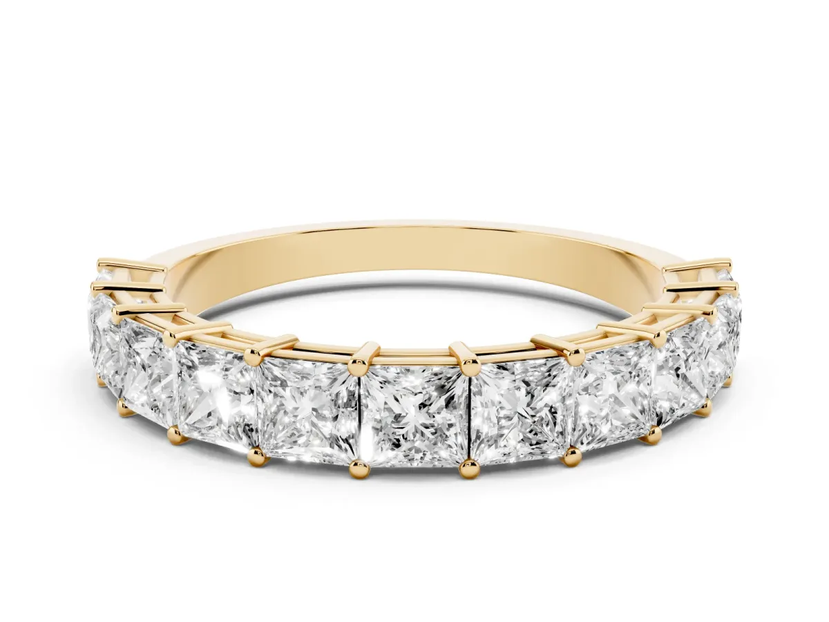 Princess Cut Half Eternity Band with Shared Prong Setting Yellow gold