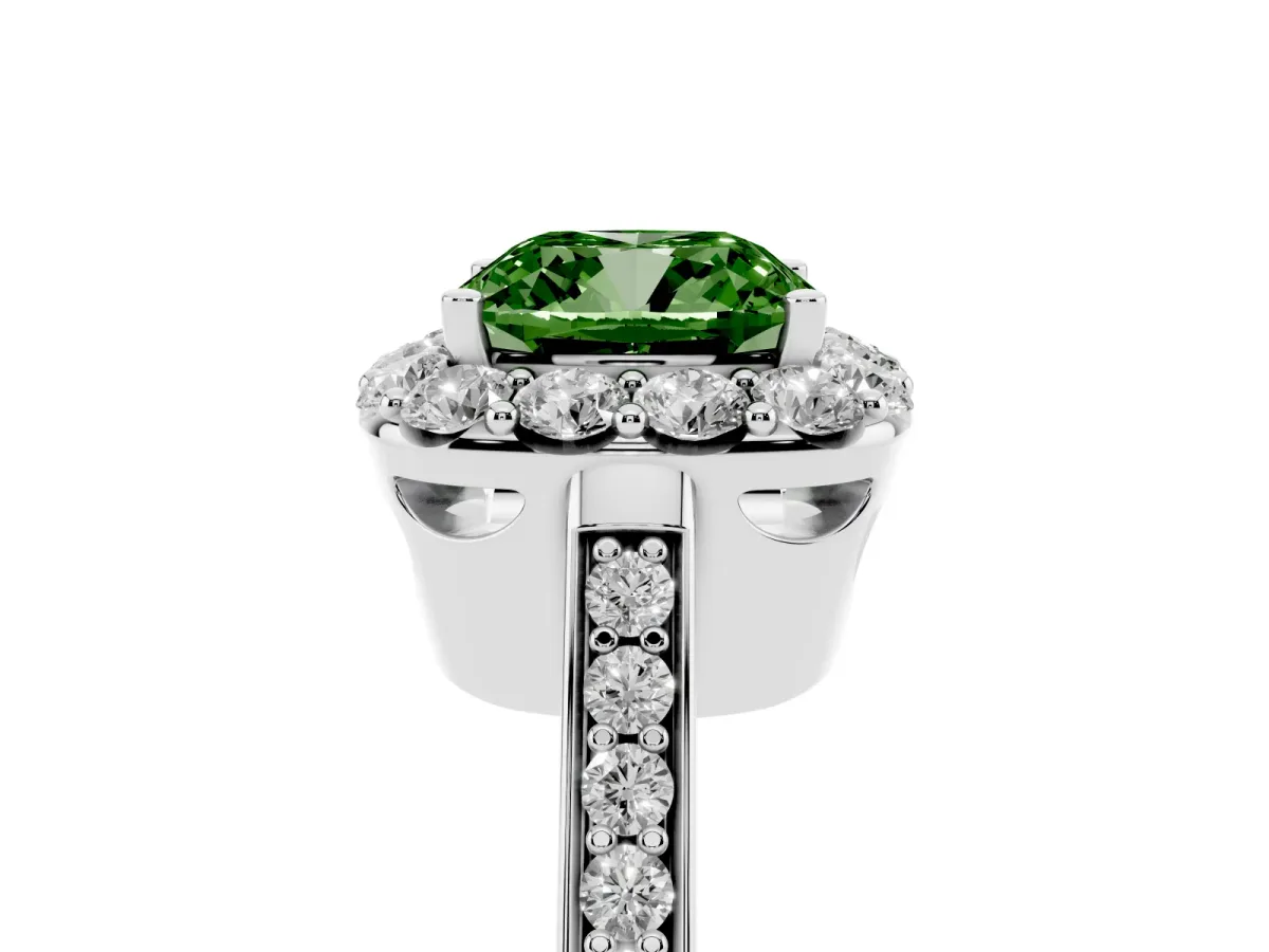 Fancy Green Cushion Cut Diamond Floral Halo Ring with Pavé Band and Prong Setting White gold