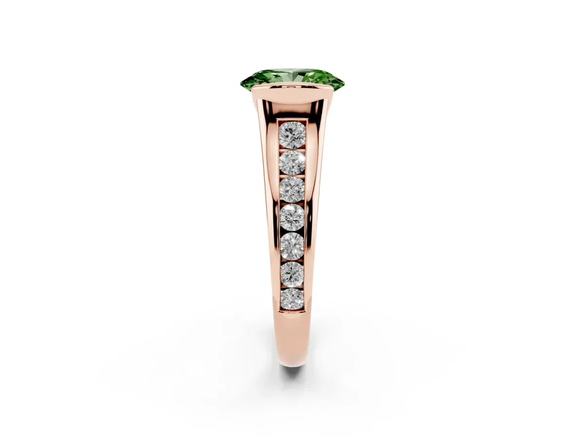 Fancy Green Oval Cut Solitaire Bezel-Set Diamond Ring with Channel-Set Band Rose gold