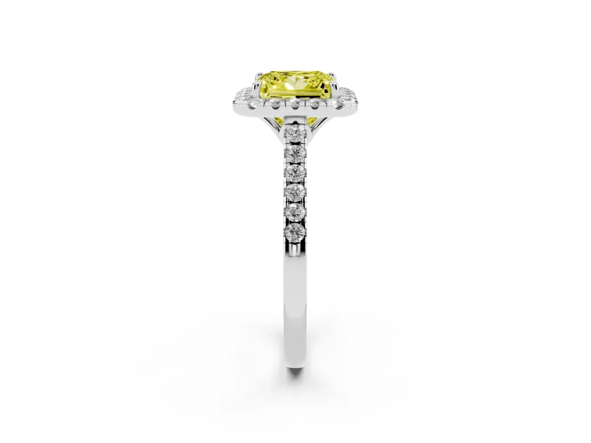 Fancy Yellow Princess Cut Halo Pavé Diamond Engagement Ring with Four-Prong Setting Silver