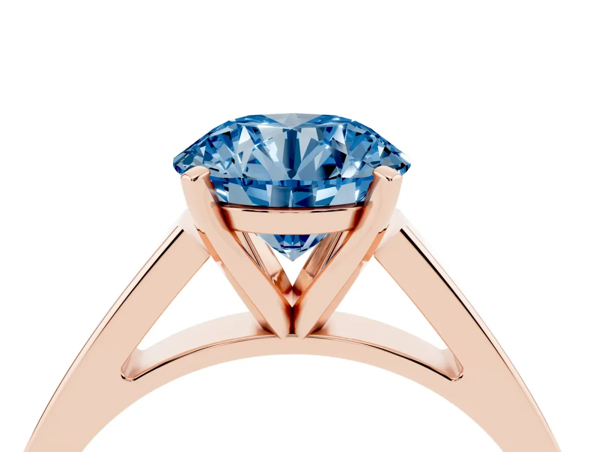 Fancy Blue Round Cut Solitaire Engagement Ring with Four-Prong Setting and Tapered Band Rose gold