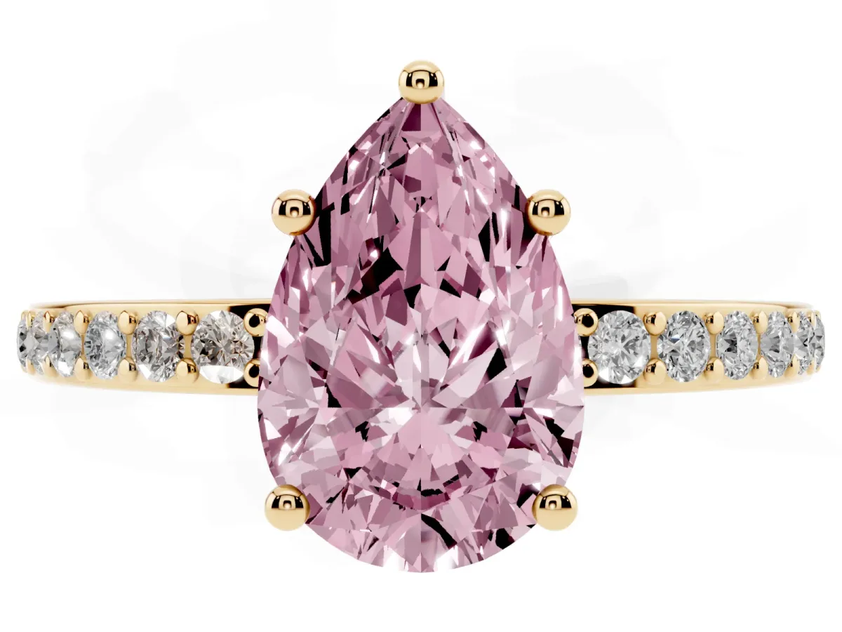 Fancy Pink Pear Cut Cut Diamond Pavé Band Ring with Four-Prong Setting Yellow gold