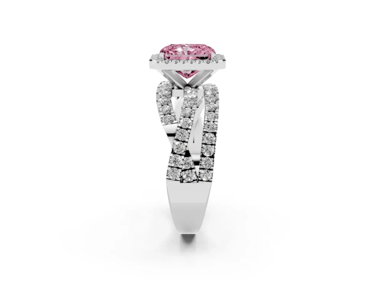 Fancy Pink Radiant Cut Diamond Halo Ring with Round Split Shank and Prong Setting Silver