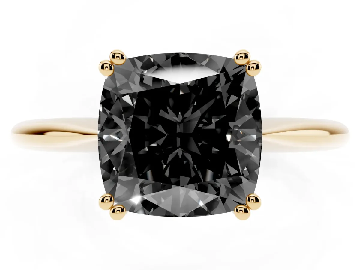 Fancy Black Cushion Cut Solitaire Diamond Ring with Six-Prong Setting and Classic Band Yellow gold