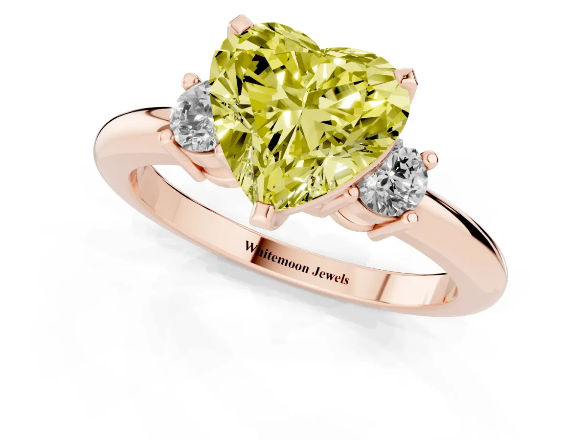 Fancy Yellow Three-Stone Heart Cut Cut Diamond Solitaire with Prong Setting and Classic Band Rose gold