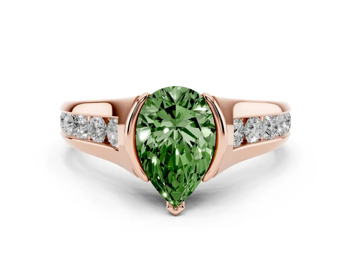 Fancy Green Pear Cut Solitaire Bezel-Set Diamond Ring with Channel-Set Band Rose gold