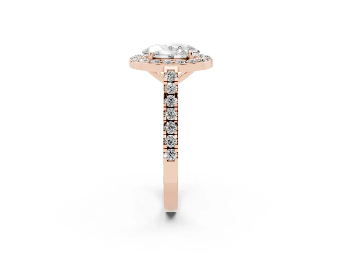 Oval Cut Diamond Halo Ring with Round Pavé Split Shank and Prong Setting Rose gold
