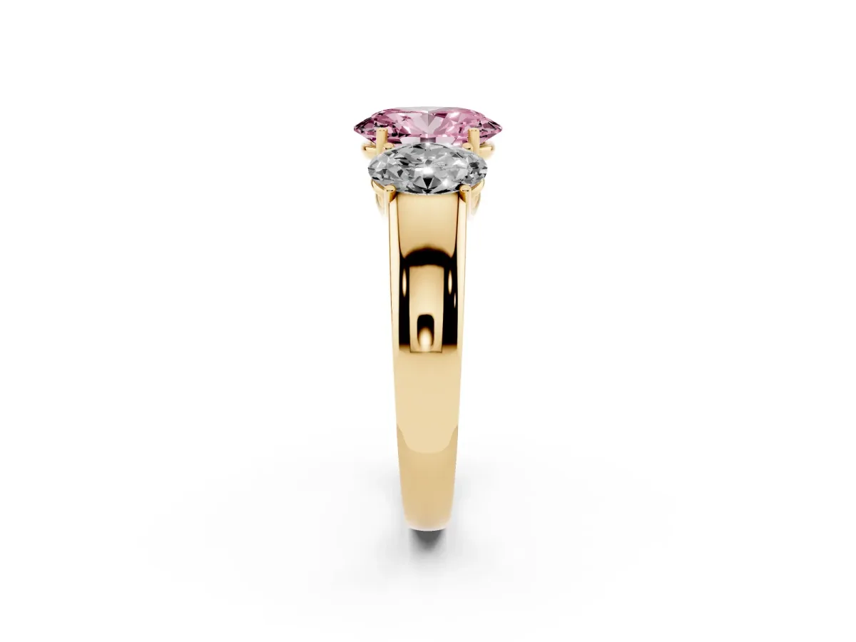 Fancy Pink Three-Stone Oval Cut Cut Diamond Ring with Prong Setting and Classic Band Yellow gold