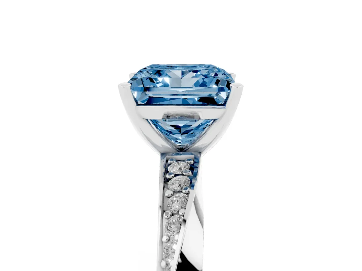 Fancy Blue Princess Cut Diamond Engagement Ring with Side Stone Accents and Four-Prong Setting Platinum
