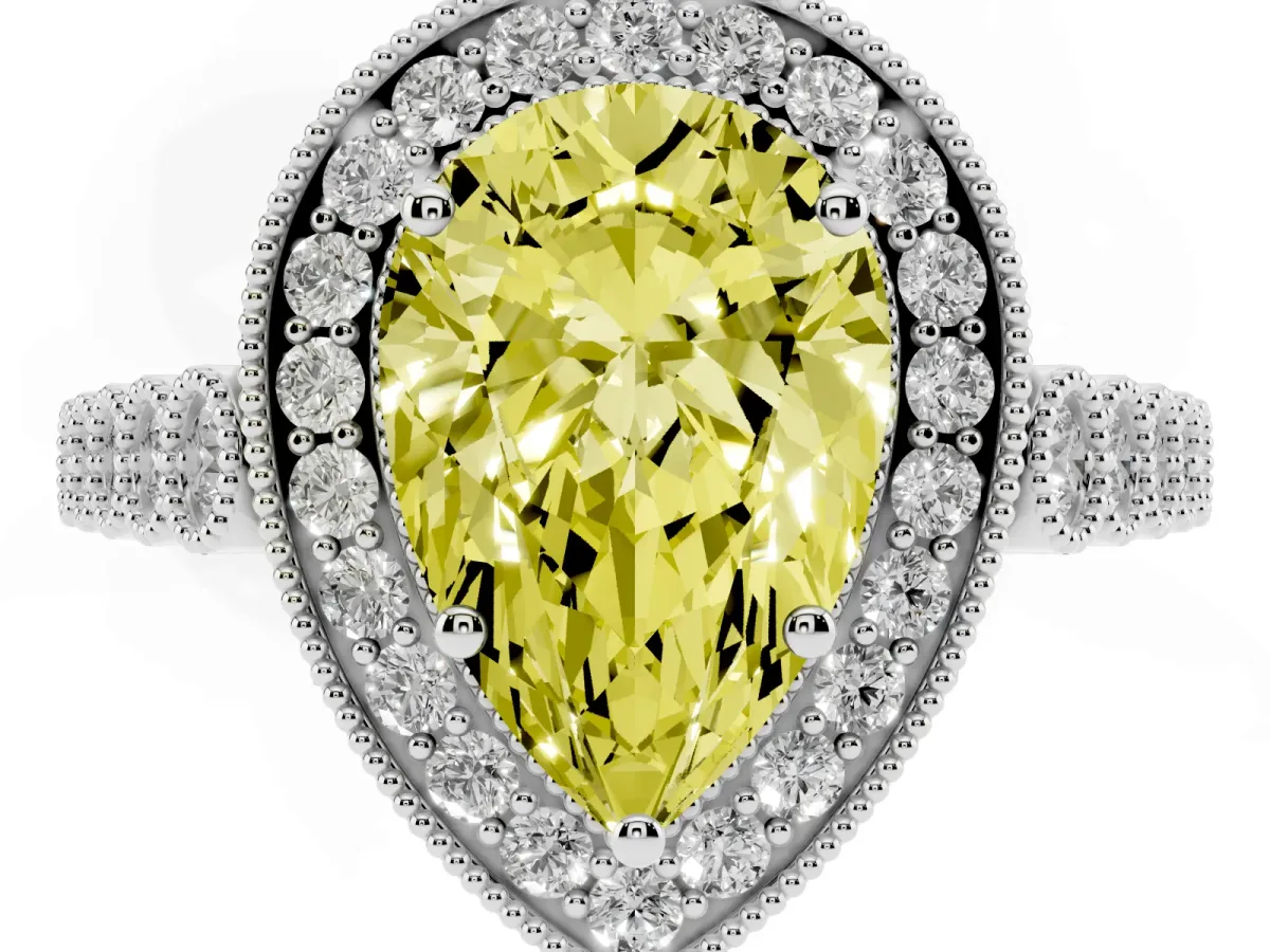 Fancy Yellow Pear Cut Halo Twist Band Solitaire Ring with Six-Prong Setting Silver
