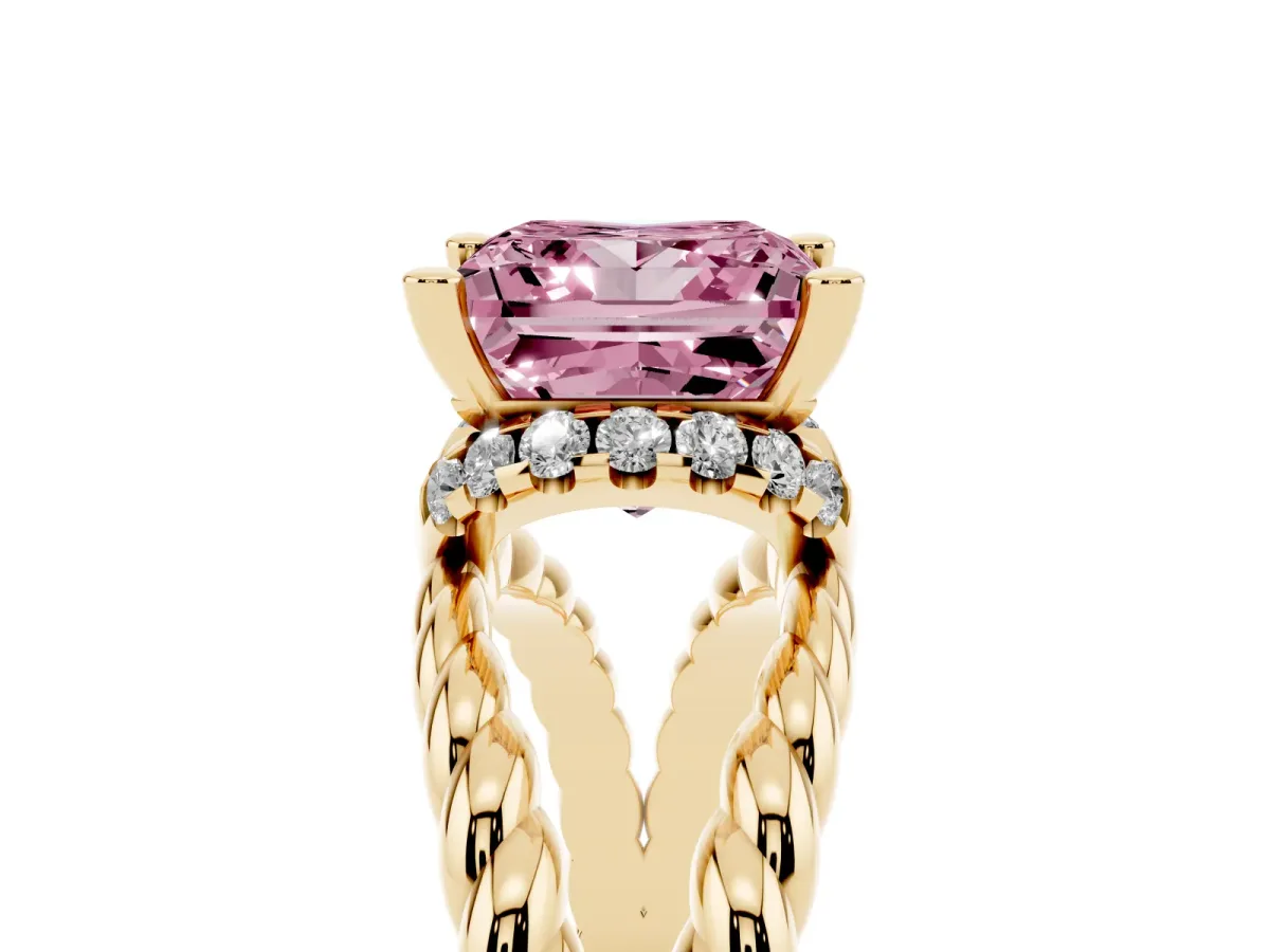 Fancy Pink Princess Cut Halo Twisted Band Four-Prong Ring Yellow gold