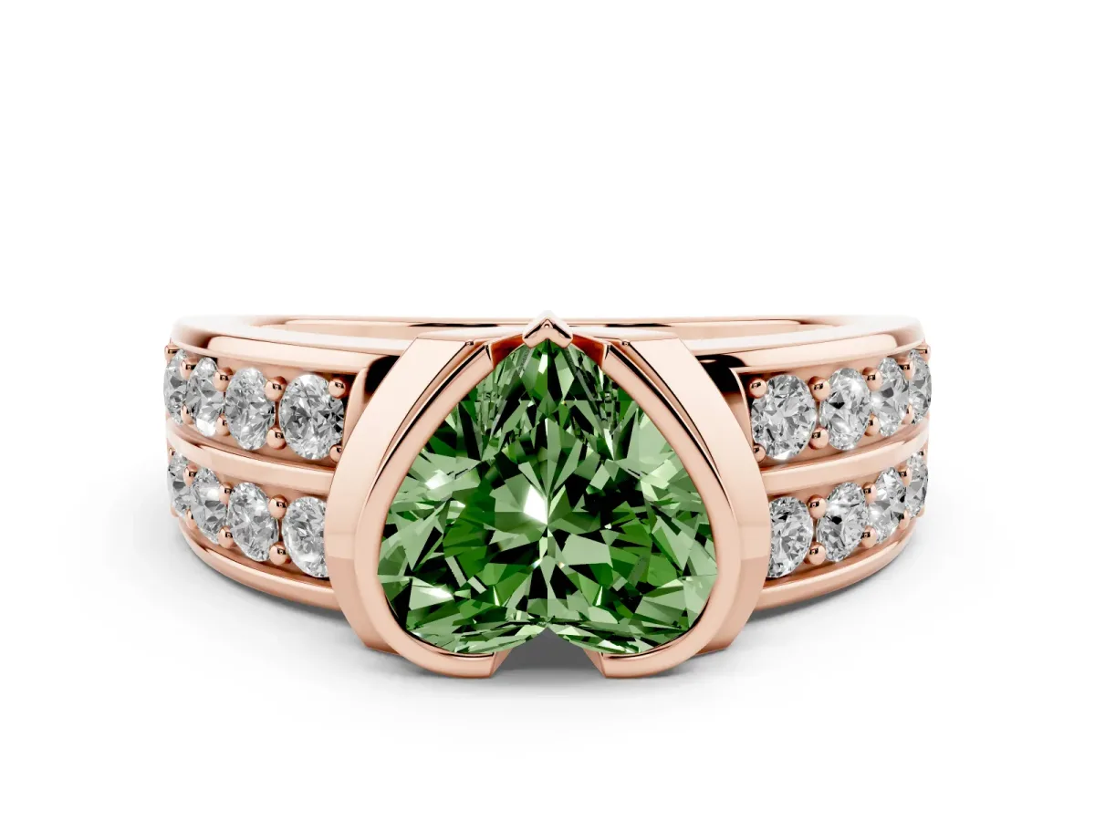Fancy Green Heart Cut Brilliant Diamond Channel Set Wide Band Ring with Bezel Setting Rose gold