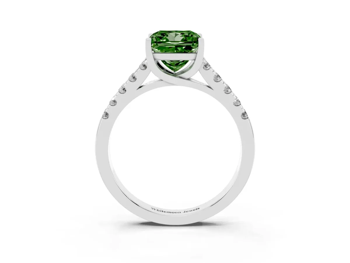 Fancy Green Princess Cut Diamond Pavé Band Solitaire Ring with Prong Setting Silver